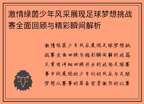 激情绿茵少年风采展现足球梦想挑战赛全面回顾与精彩瞬间解析